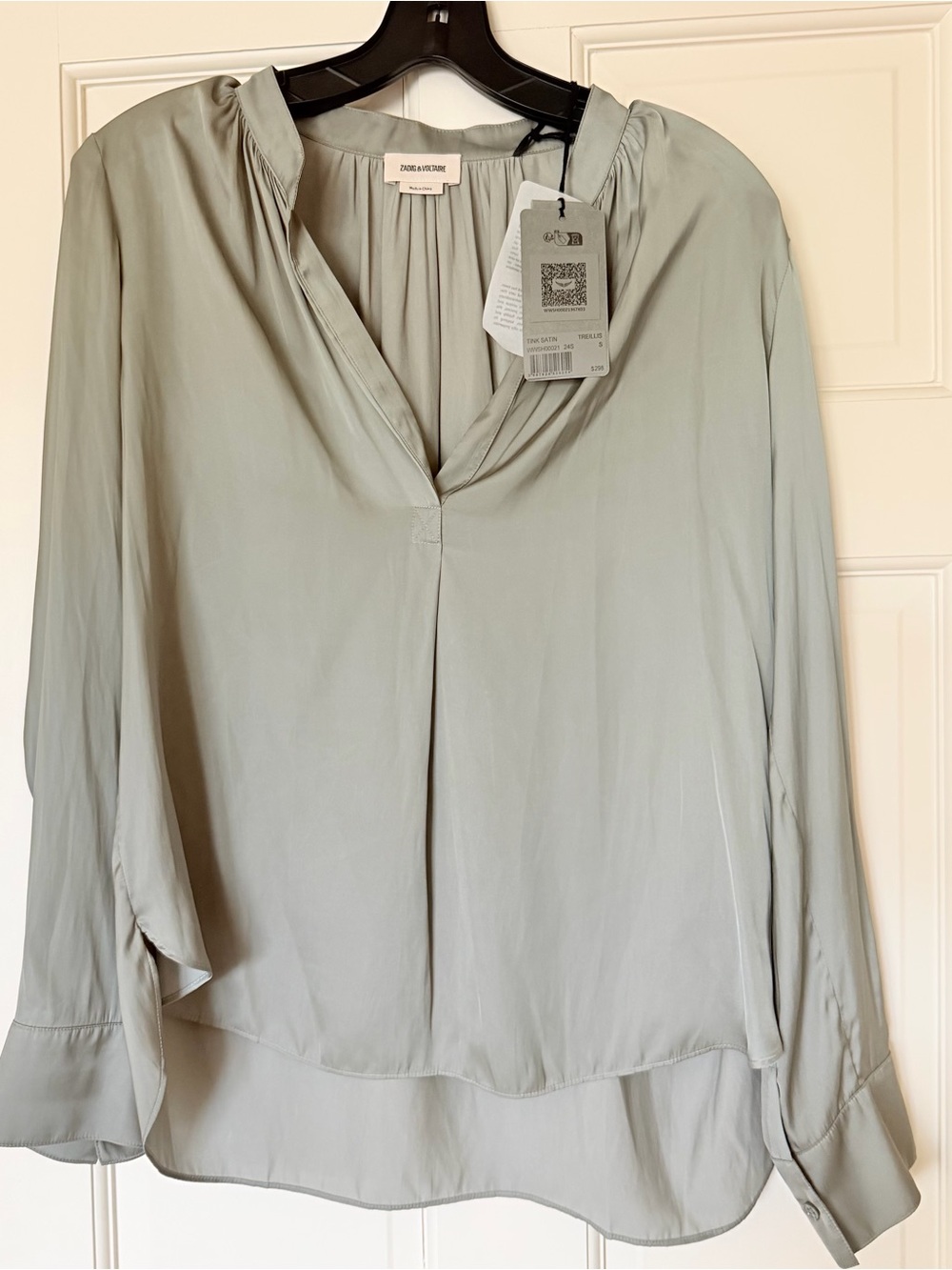 Zadig & Voltaire Tink Satin Sage Green V-Neck Long-Sleeve top